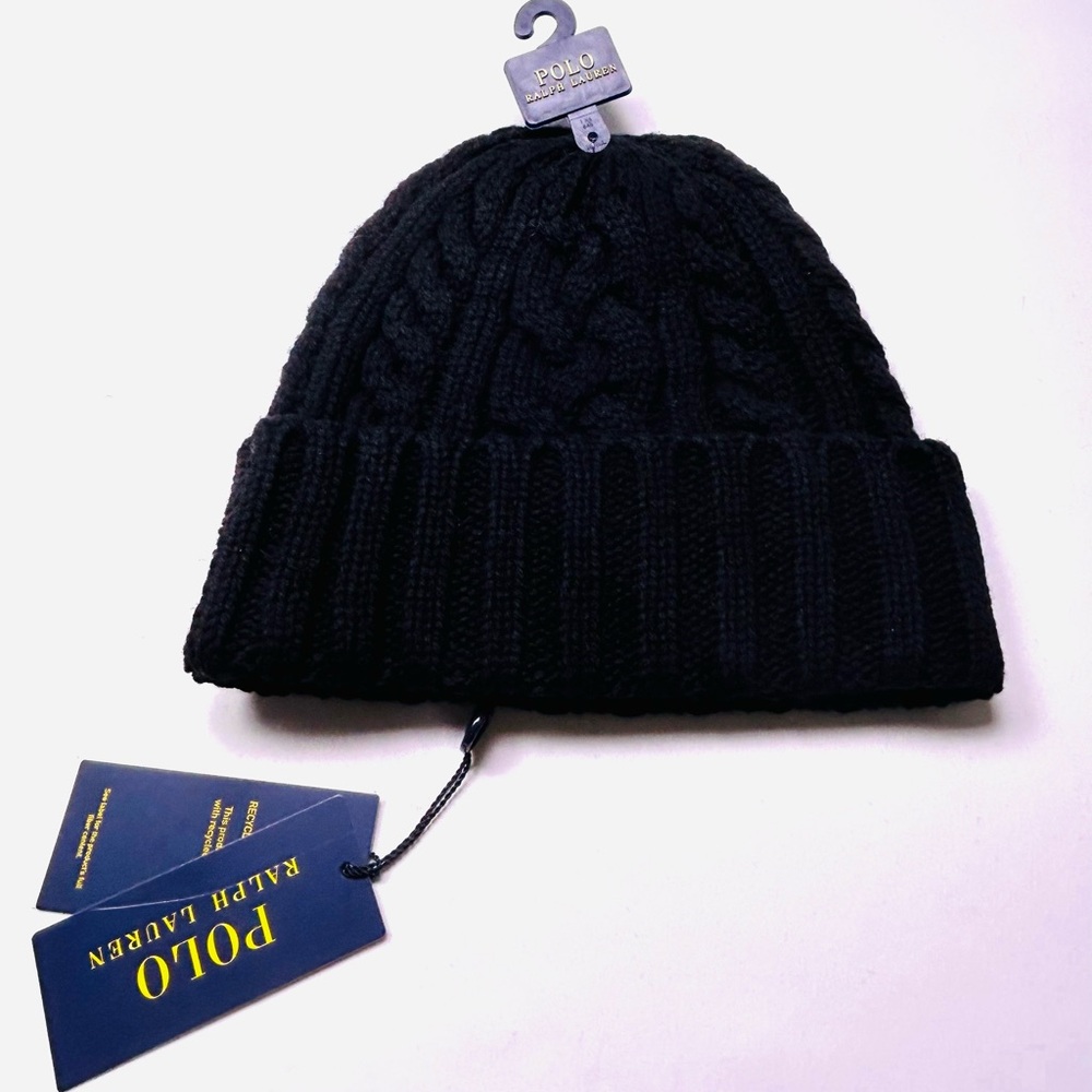 NWT 🧸Ralph Lauren AMERICAN POLO BEAR CABLE-KNIT Wool Beanie in Aviator Black - Picture 4 of 5